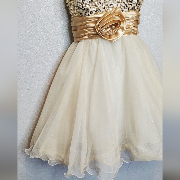 Champagne Gold Satin Sequin Tulle Strapless Mini Cocktail Party Dress Size 6/7 - Picture 6 of 9